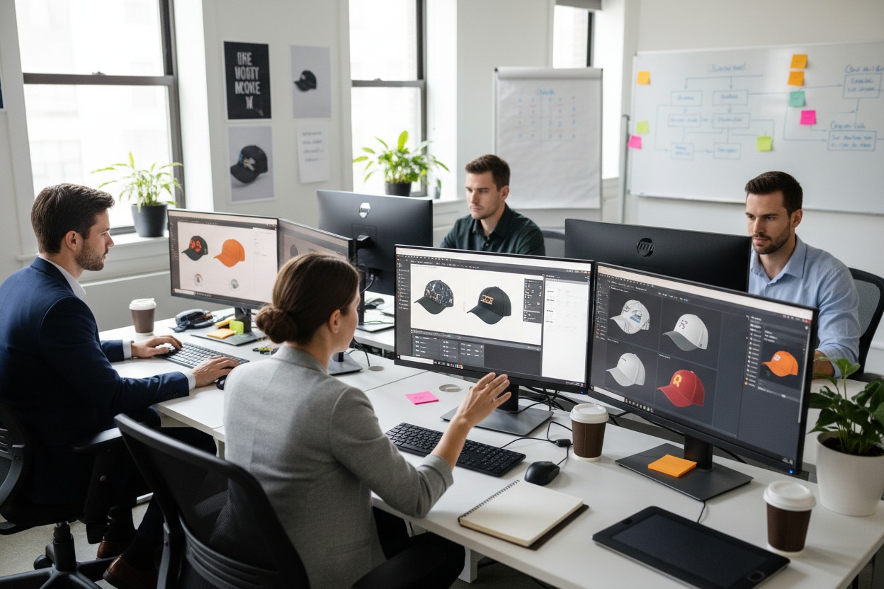 Equipe de designers trabalhando em computadores com projetos de bonés em um escritório moderno.